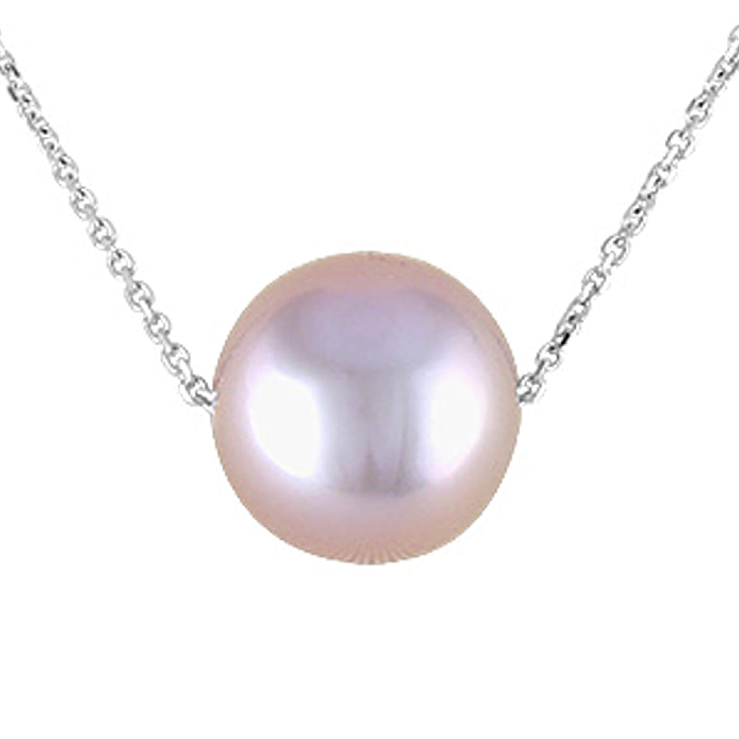 14K White Gold & Single 10.5mm-11mm AAAA Round Freshwater Cultured Pearl Pendant Necklace on 16"-17"-18" Adjustable Cable Chain - Baby Pink