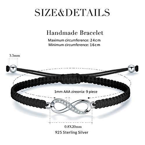 ZENI Infinity Bracelet for Women, Handmade Black Rope Braided Bracelet with 925 Silver Adjustable Bracelet Love Friendship Jewelry Gift