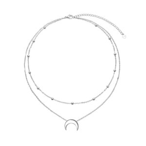 FLYOW Crescent Layered Choker Necklace S925 Sterling Silver Moon Pendant Jewelry Adjustable Clavicle Necklace for Women Birthday Gifts (Moon)