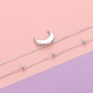 FLYOW Crescent Layered Choker Necklace S925 Sterling Silver Moon Pendant Jewelry Adjustable Clavicle Necklace for Women Birthday Gifts (Moon)