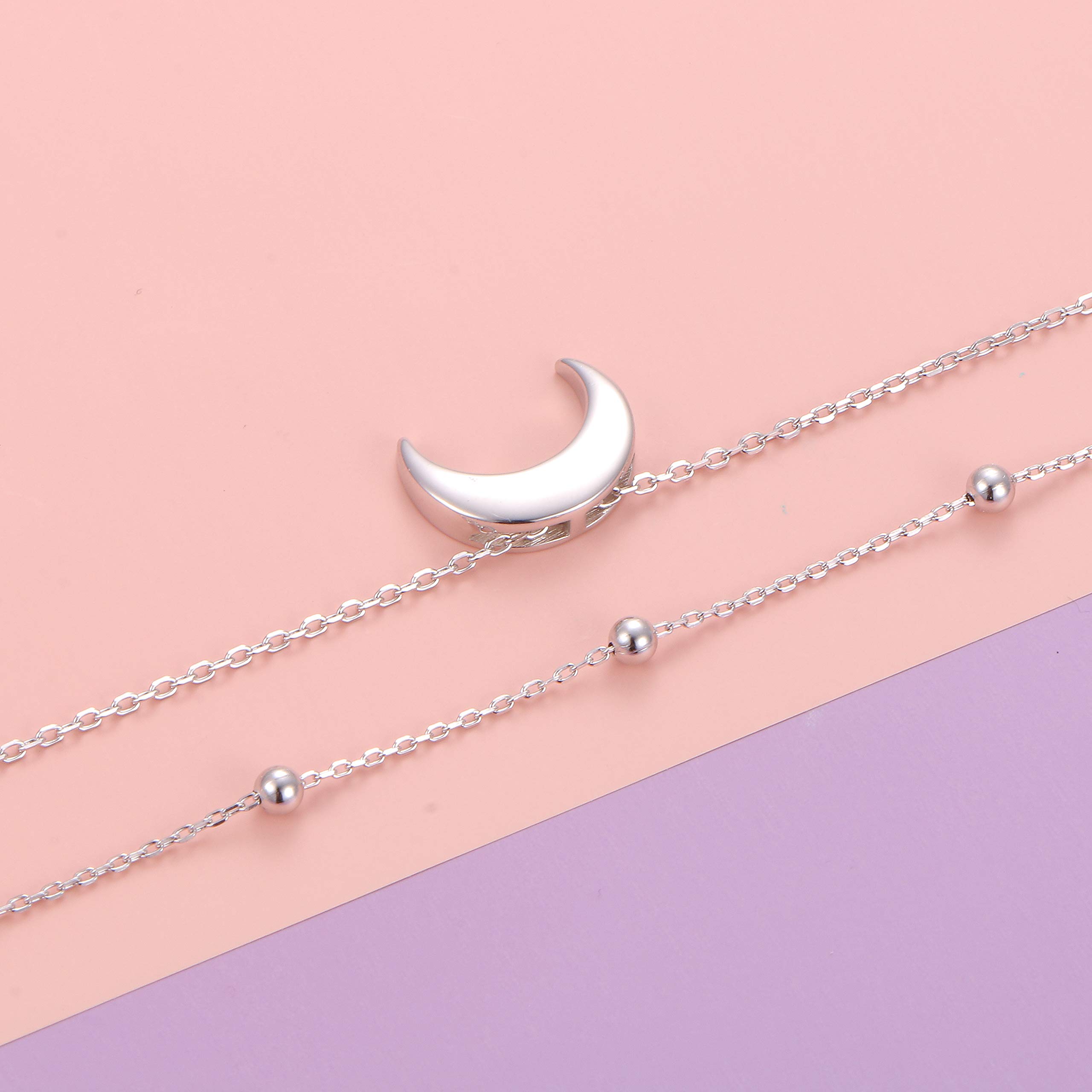 FLYOW Crescent Layered Choker Necklace S925 Sterling Silver Moon Pendant Jewelry Adjustable Clavicle Necklace for Women Birthday Gifts (Moon)