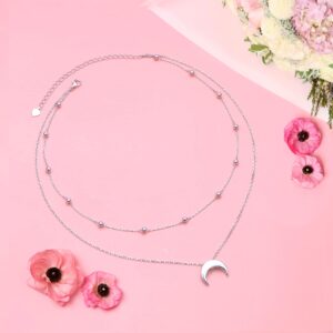 FLYOW Crescent Layered Choker Necklace S925 Sterling Silver Moon Pendant Jewelry Adjustable Clavicle Necklace for Women Birthday Gifts (Moon)