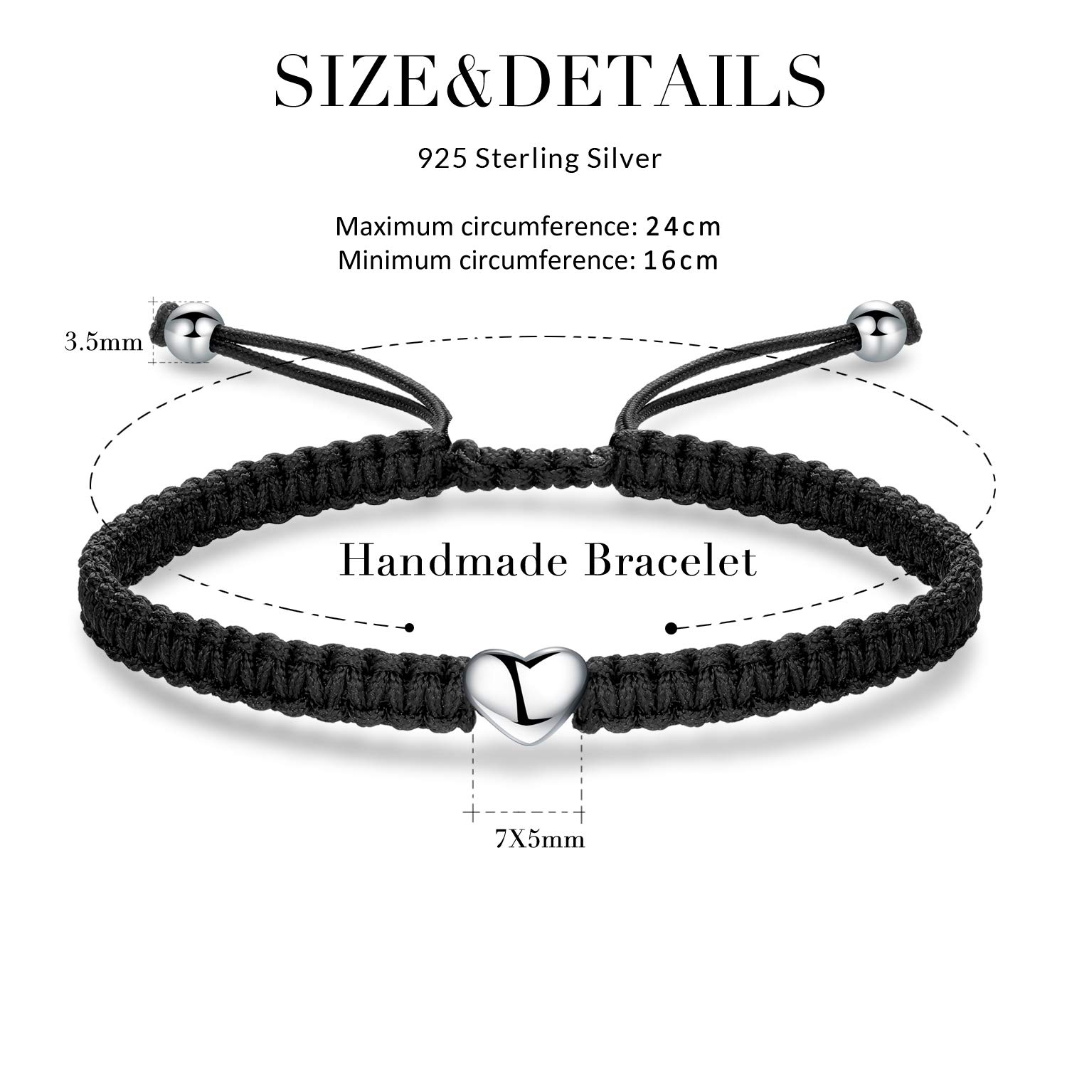 ZENI Heart Bracelet for Women girl, Black Rope Bracelet 925 Silver Handmade Braid Adjustable Bracelet Love Friendship Christmas Bracelet Gifts for Women Girls