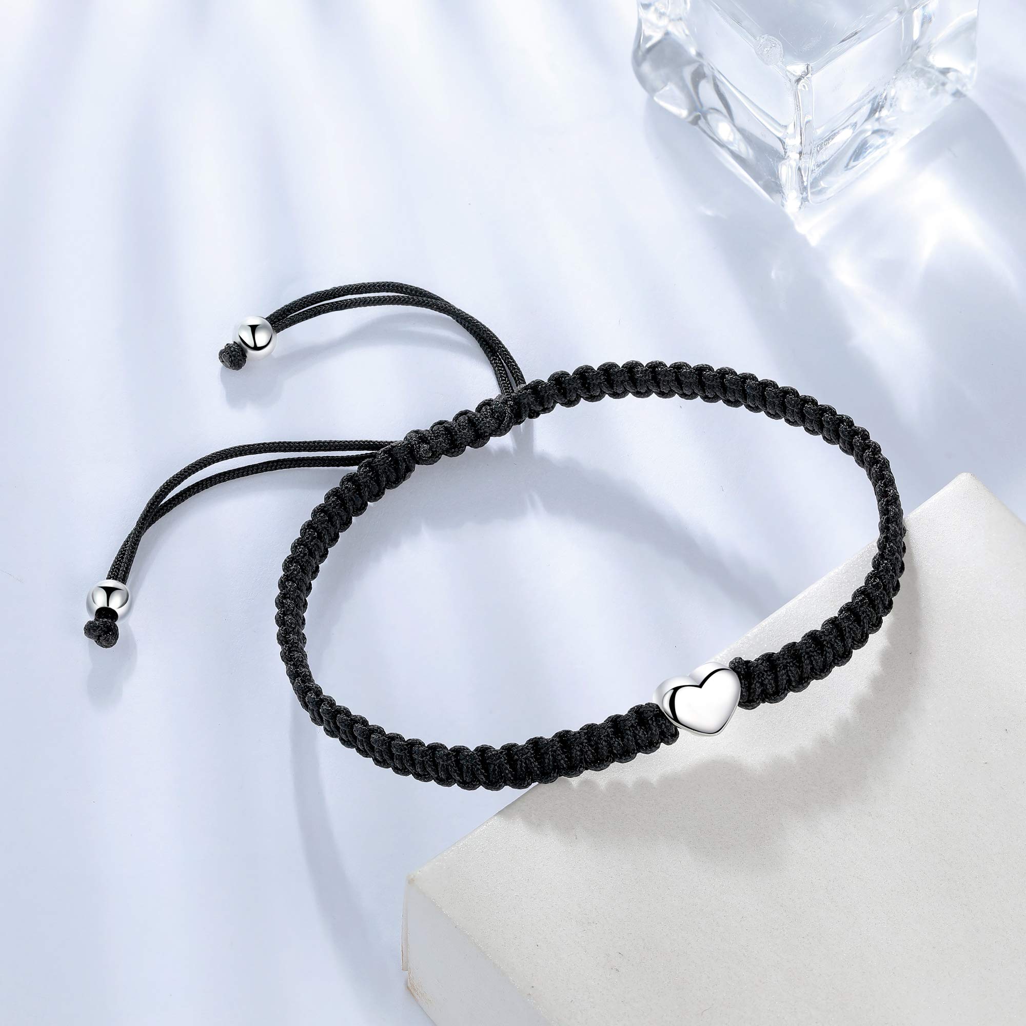 ZENI Heart Bracelet for Women girl, Black Rope Bracelet 925 Silver Handmade Braid Adjustable Bracelet Love Friendship Christmas Bracelet Gifts for Women Girls