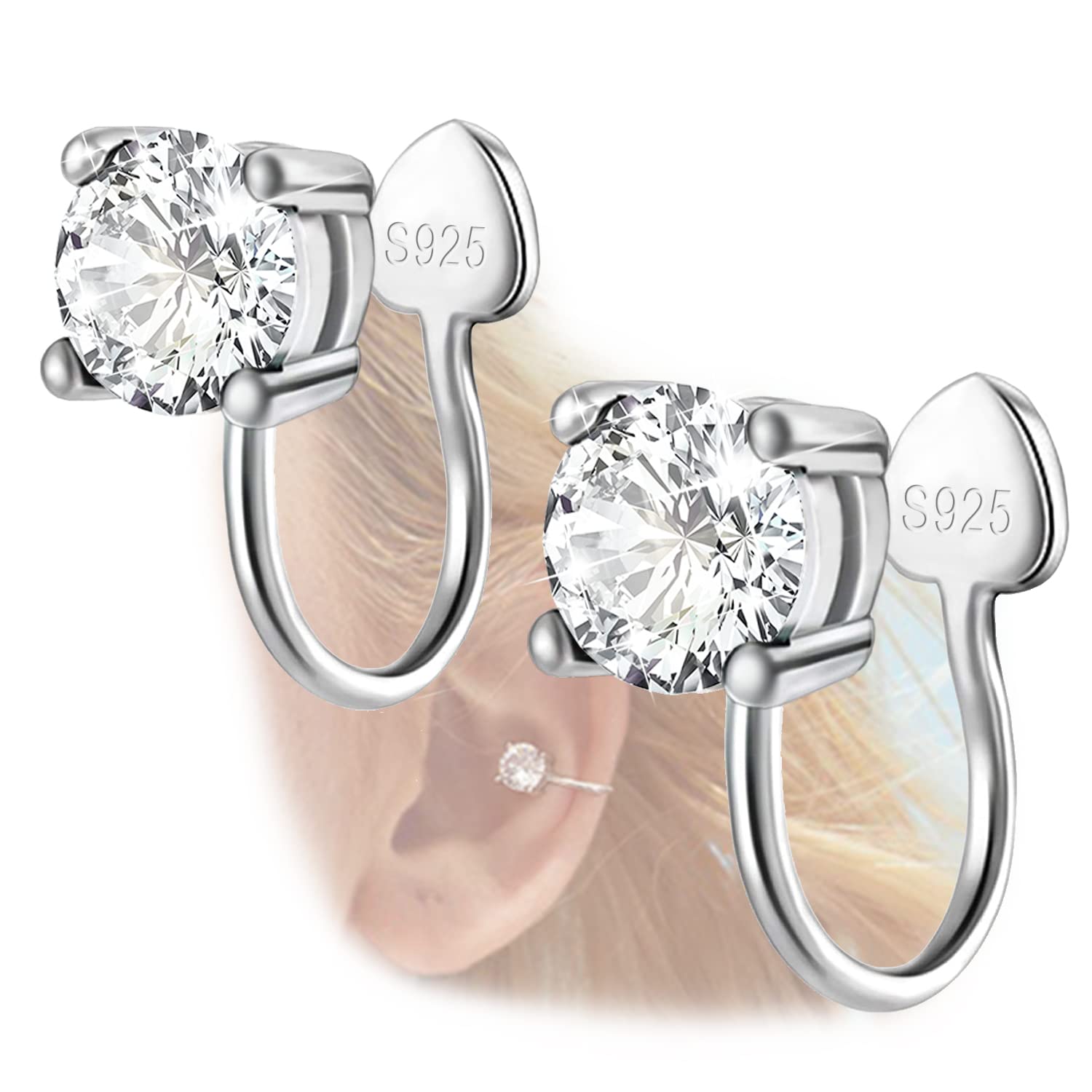 Cubic Zirconia Ear Cuffs - Sterling Silver Hypoallergenic Non-Piercing Cartilage Earrings CZ Clip on Earrings Round Crystal Stud Earrings for Women 6mm