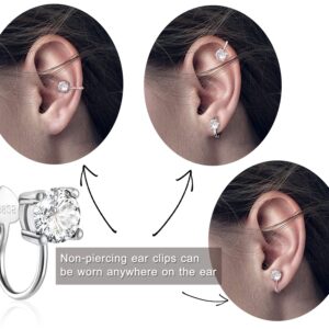 Cubic Zirconia Ear Cuffs - Sterling Silver Hypoallergenic Non-Piercing Cartilage Earrings CZ Clip on Earrings Round Crystal Stud Earrings for Women 6mm