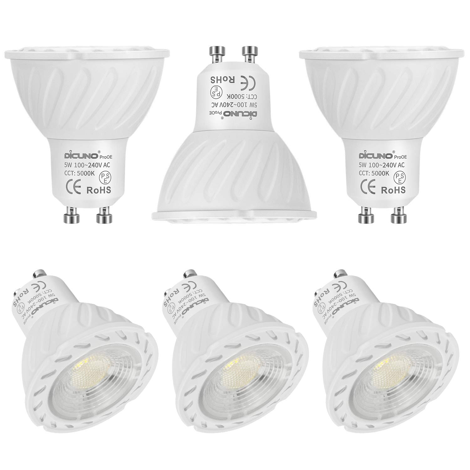 DiCUNO ProOE Eye-Protected GU10 LED Bulb, High CRI of 98, 5W Spotlight Bulb (50W Halogen Equivalent), 400LM and Daylight White 5000K, Replacement for Track Lighting and Recessed Lighting, 6 Pack