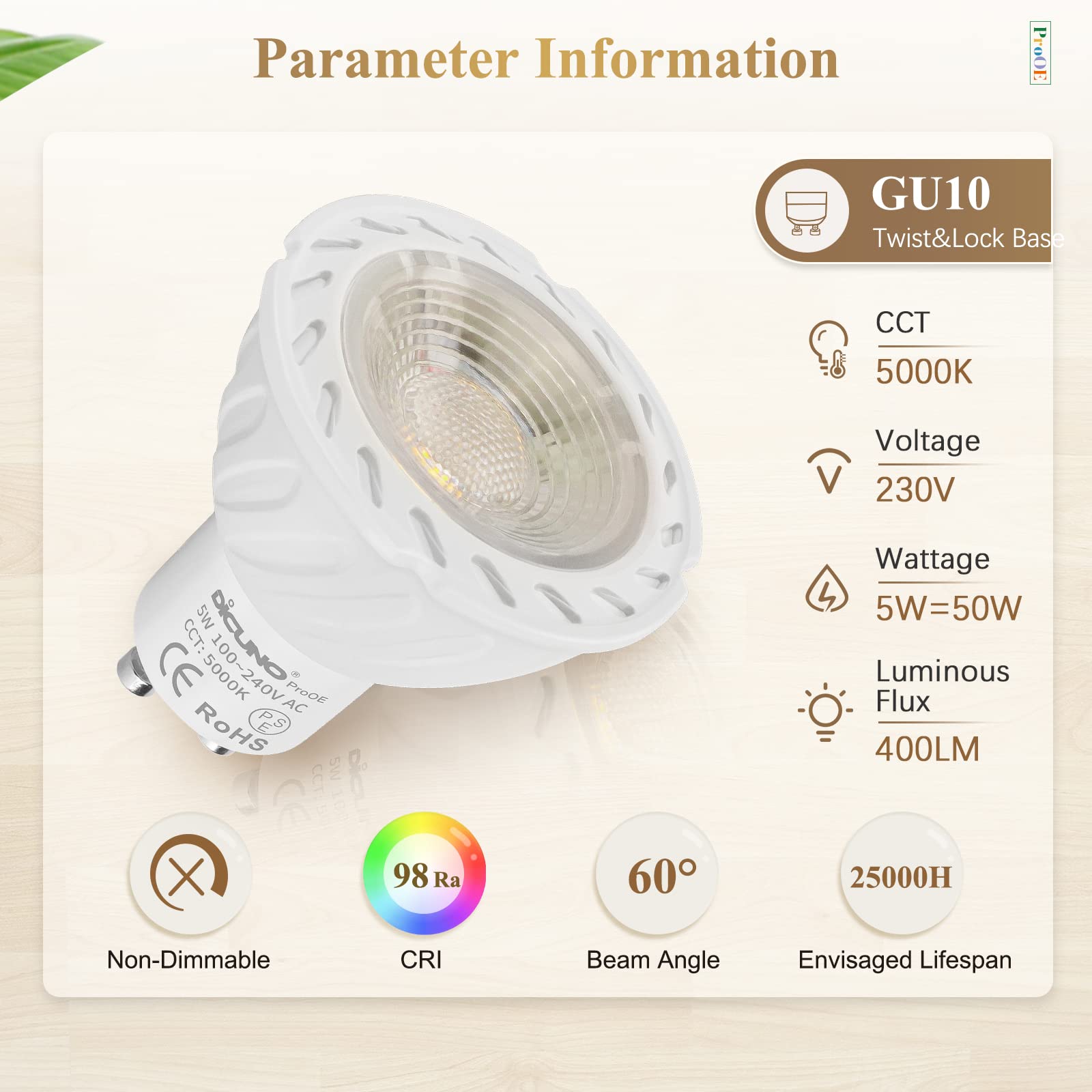 DiCUNO ProOE Eye-Protected GU10 LED Bulb, High CRI of 98, 5W Spotlight Bulb (50W Halogen Equivalent), 400LM and Daylight White 5000K, Replacement for Track Lighting and Recessed Lighting, 6 Pack