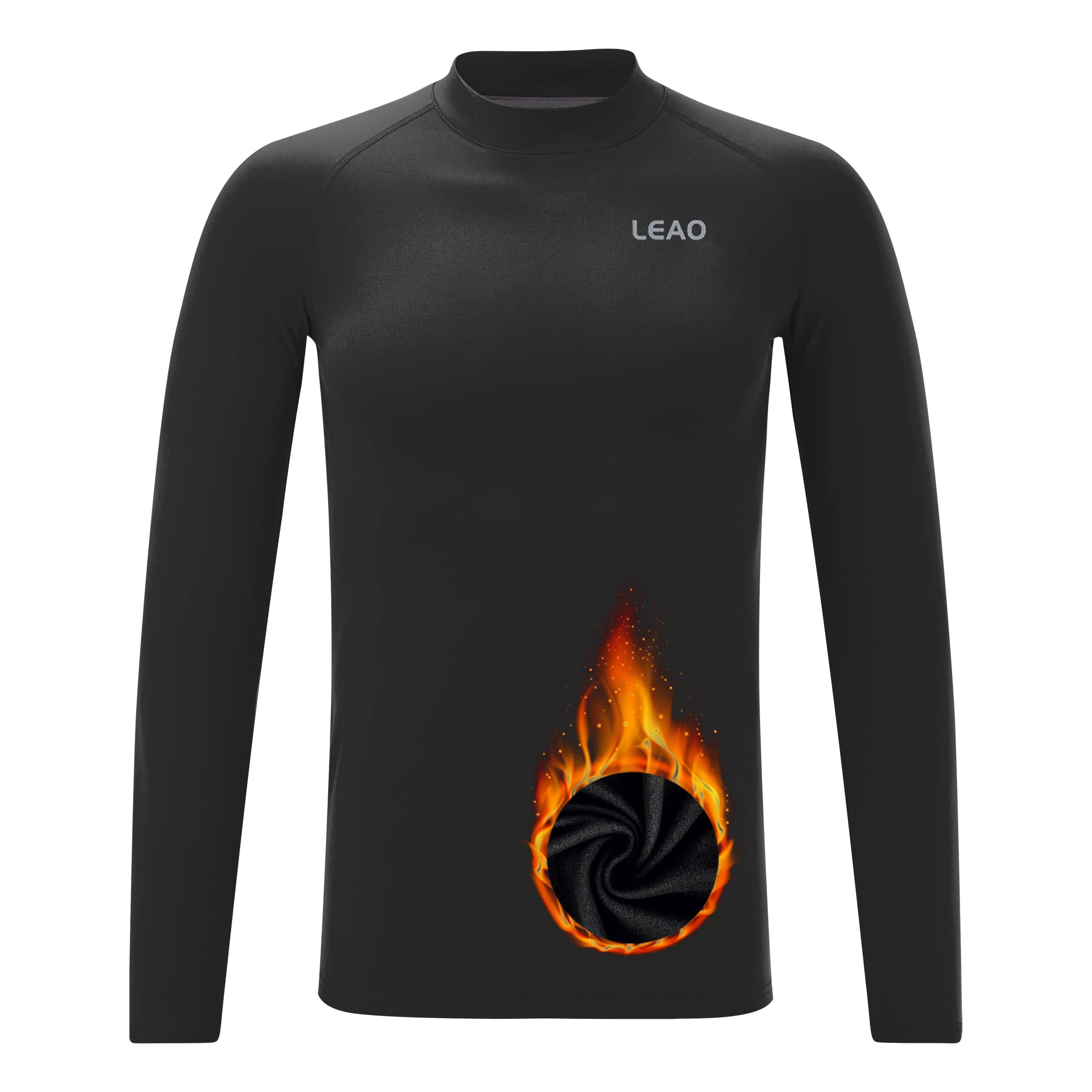 LEAO Youth Boys Compression Shirt Long Sleeve Fleece Quick Dry Sports Baselayer Soccer Baseball Basketball Undershirt Black L