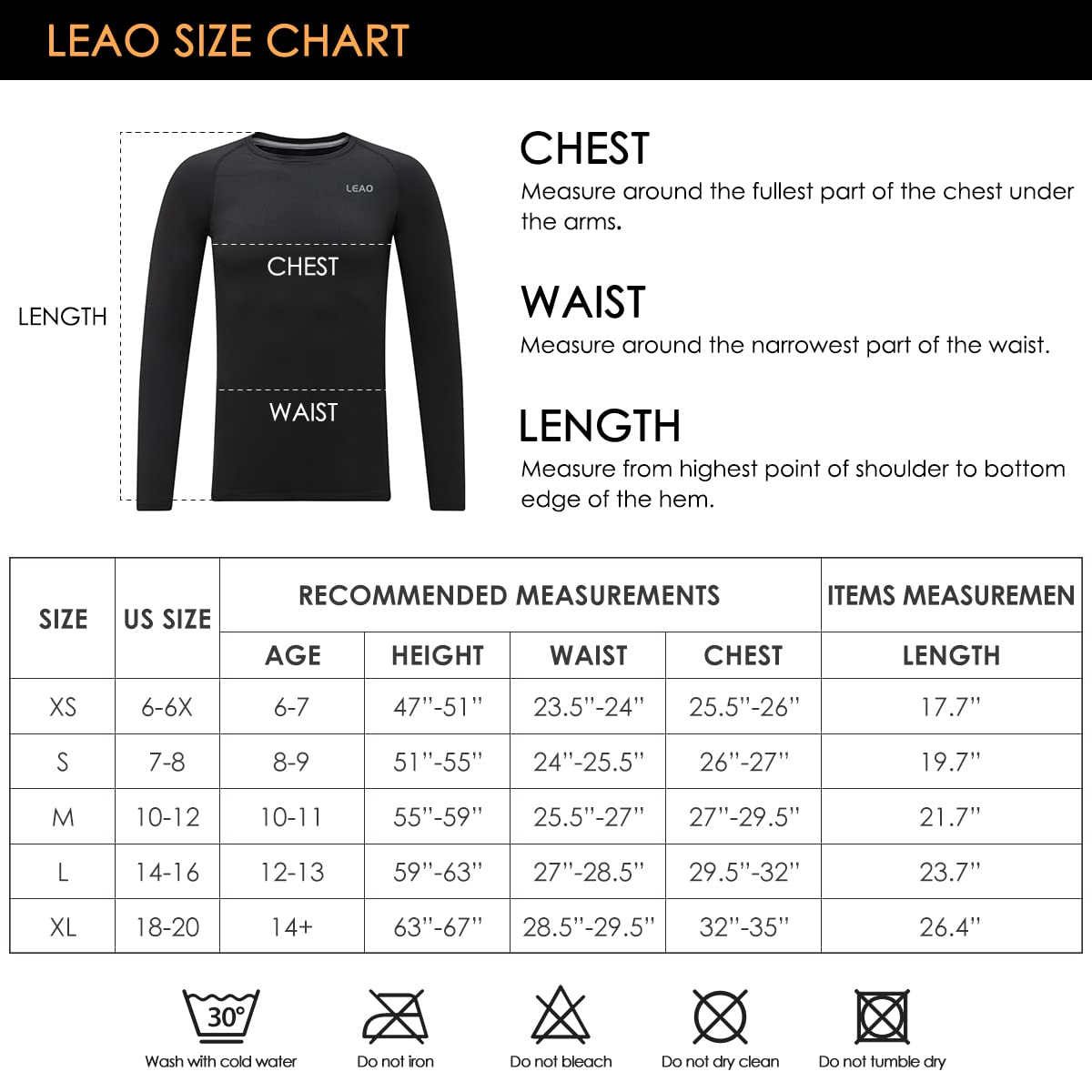 LEAO Youth Boys Compression Shirt Long Sleeve Fleece Quick Dry Sports Baselayer Soccer Baseball Basketball Undershirt Black L