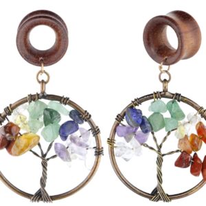 00G 10mm 7 Chakra Tree of Life Wood Dangle Ear Gauges Piercing Flesh Tunnels Plugs Stretching Kit Expander