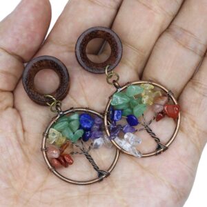 00G 10mm 7 Chakra Tree of Life Wood Dangle Ear Gauges Piercing Flesh Tunnels Plugs Stretching Kit Expander