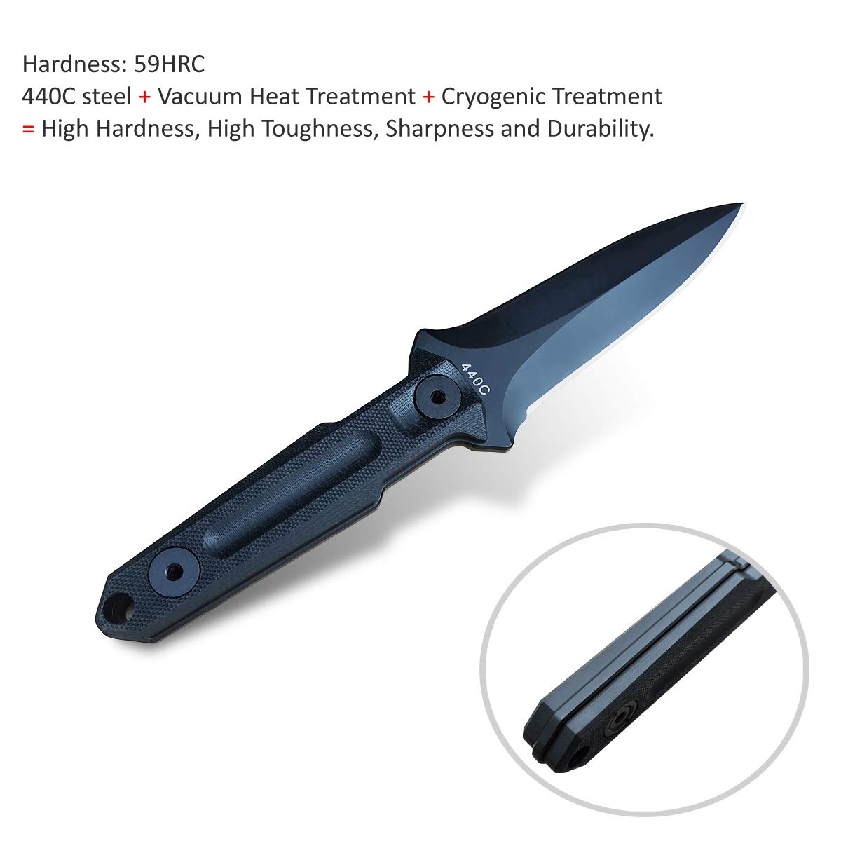 hyhy Fixed Blade Knife Tactical, Straight Knife Double Edged, Survival Knife Fixed Blade, 440C Steel 59HRC G10 Handle, With Kydex Sheath and Belt Clip with Lock (TK 999)