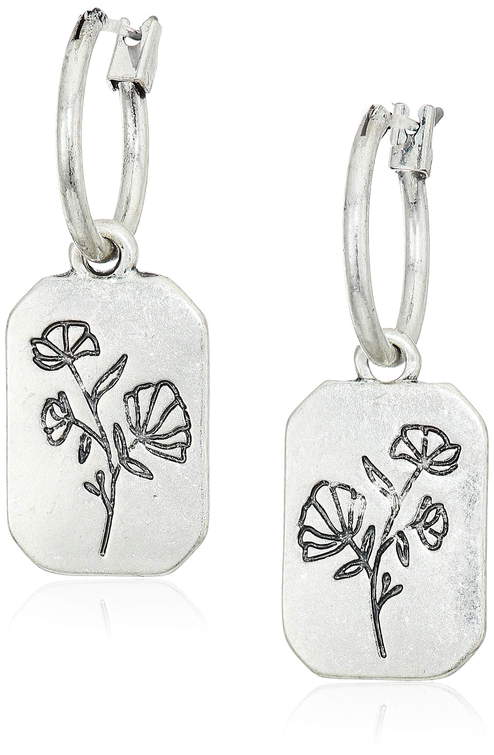 Lucky Brand Silver-Tone Flower Rectangle Charm Hoop Earrings