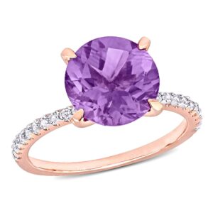 abbie+cleo womens round cut purple amethyst and white topaz gemstone 4-prong solitarie ring in rose gold flash plated sterling silver, size 5