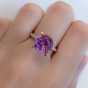 Abbie+Cleo Womens Round Cut Purple Amethyst and White Topaz Gemstone 4-Prong Solitarie Ring in Rose Gold Flash Plated Sterling Silver, Size 5