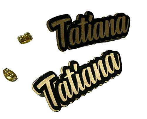 Personalized Custom Black and Gold Posts Studs Earrings Name Plate Laser Cut Design Stunning - Quality, Attractive Fashion Earrings, Made To Order, Any Name or Word - 1 INCH Size, Post Earrings Design