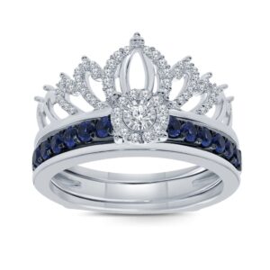 elmas 1/4 ct round natural white diamond synthetic blue sapphire 925 sterling silver insert crown ring engagement wedding ring us9