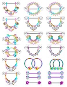 yaalozei 14g nipple rings piercing jewelry for women 316l stainless surgical steel nipple tongue nipplerings ring bar barbell piercing jewelry stud hoops purple colorful rainbow shining cute 14mm