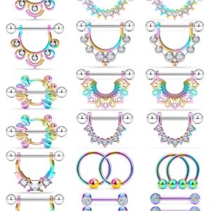 Yaalozei 14G Nipple Rings Piercing Jewelry for Women 316L Stainless Surgical Steel Nipple Tongue Nipplerings ring Bar Barbell Piercing jewelry Stud Hoops Purple Colorful Rainbow Shining Cute 14mm