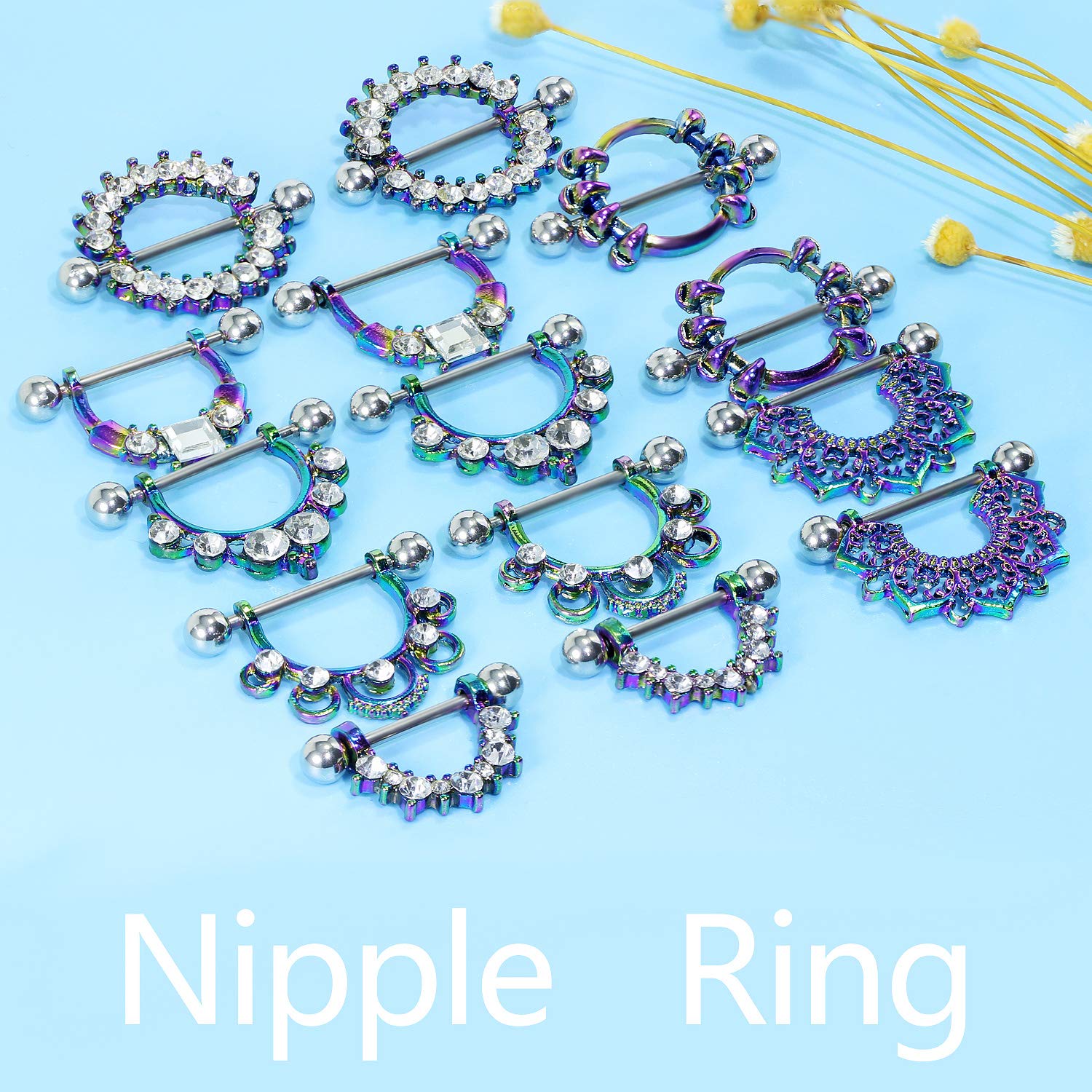 Yaalozei 14G Nipple Rings Piercing Jewelry for Women 316L Stainless Surgical Steel Nipple Tongue Nipplerings ring Bar Barbell Piercing jewelry Stud Hoops Purple Colorful Rainbow Shining Cute 14mm