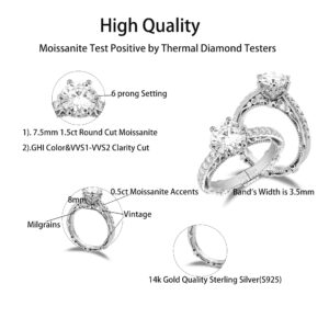 DovEggs Moissanite Engagement Rings for Women,Moissanite Ring, 1.5ct Center 7.5mm G-H-I Color Cut Vintage/Antique Moissanite Art Deco Anniversary Wedding Ring 14K Gold QUALITY Sterling Silver(8)