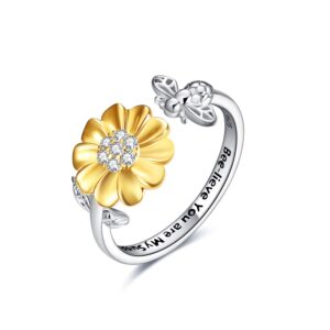 ONEFINITY Bee-live You Are My Sunshine Sterling Silver Sunflower Rings with Bee Open Adjustable Ring for Women