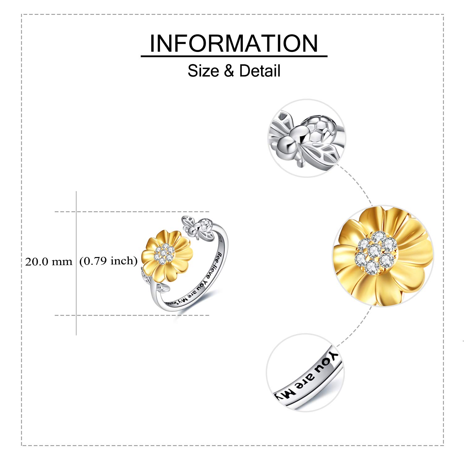 ONEFINITY Bee-live You Are My Sunshine Sterling Silver Sunflower Rings with Bee Open Adjustable Ring for Women