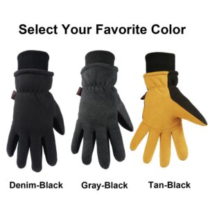 OZERO Winter Gloves Insulated Work Cold Proof Deerskin Suede Leather Thermal Fleece for Men and Women Grey-Black Small