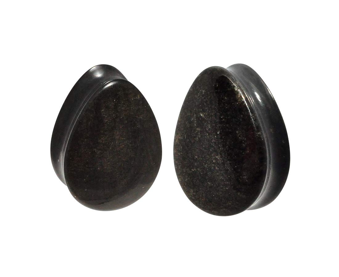 Mystic Metals Body Jewelry Pair of Golden Obsidian Convex Teardrop Double Flare Plugs (STN-647) (9/16" (14mm))