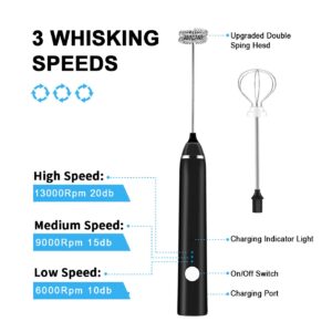 Milk Frother, Rechargeable hand-Held Electric Milk Frother 3 Adjustable USB Charging Can Be Used forBulletproof Coffee Protein Drinks Matcha Coffee Whisk (Black)