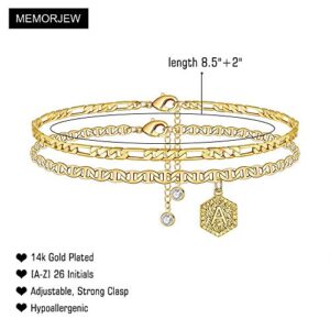 Memorjew Ankle Bracelets, 14K Gold Plated Layered Letter A Initial Anklets for Summer Foot Jewelry Gifts for Women