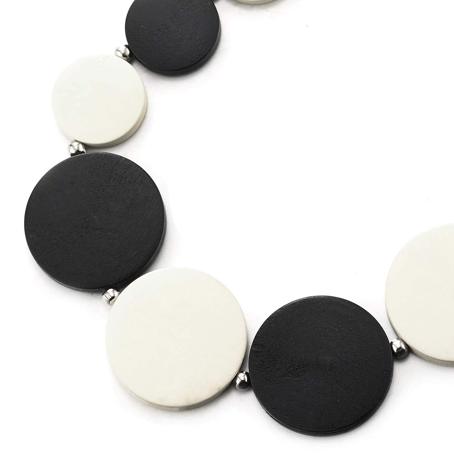 COOLSTEELANDBEYOND Black White Wood Circle Disc Beads Chain Choker Collar Statement Necklace, Dress Party Event, Unique