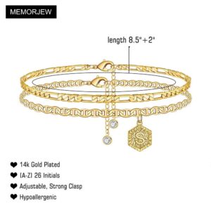 Memorjew Ankle Bracelets for Women Initial Anklet, 14K Gold Plated Double Layered Anklet Letter S Initial Anklets for Women Summer Jewelry Gifts Foot Bracelet