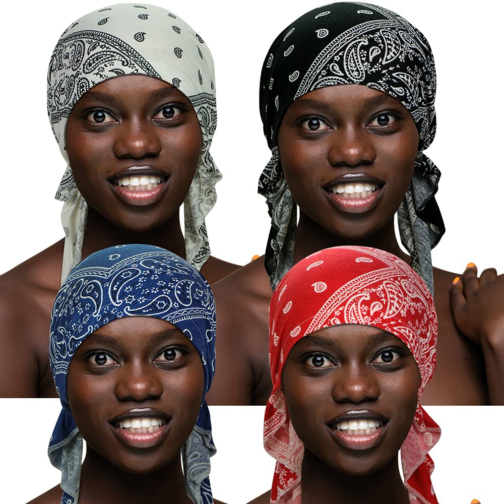 ASHILISIA 4 Pieces Women Chemo Hat Turban Beanie, Pre-Tied Headwraps Headwear Bandana for Hair Loss