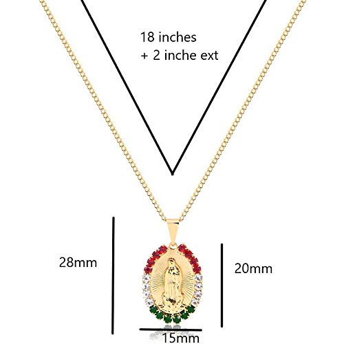 AMA 18K Gold-Plated Guadalupe Pendant Choker with Swarovski - 18-Inch Adjustable Golden Chain with Red, Green, White Crystal-Encrusted Virgin Mary Piece - Hypoallergenic Religious Jewelry for Women