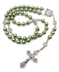 nazareth store green beads rosary necklace catholic pearl beads rosary with miraculous medal and cross crucifix