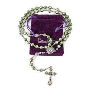 Nazareth Store Green Beads Rosary Necklace Catholic Pearl Beads Rosary with Miraculous Medal and Cross Crucifix