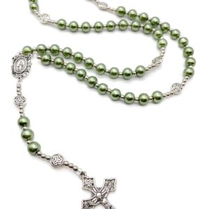 Nazareth Store Green Beads Rosary Necklace Catholic Pearl Beads Rosary with Miraculous Medal and Cross Crucifix