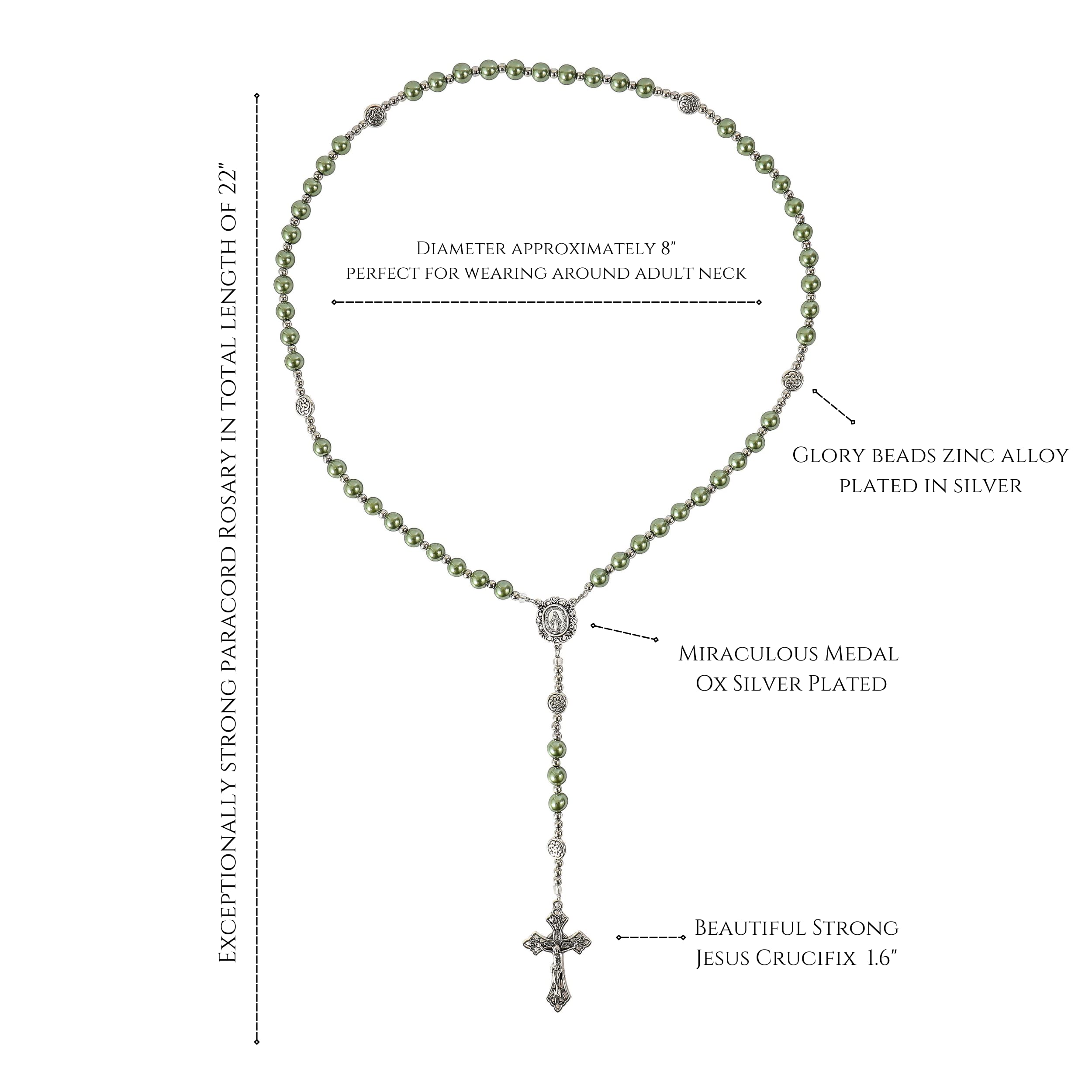 Nazareth Store Green Beads Rosary Necklace Catholic Pearl Beads Rosary with Miraculous Medal and Cross Crucifix