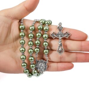 Nazareth Store Green Beads Rosary Necklace Catholic Pearl Beads Rosary with Miraculous Medal and Cross Crucifix