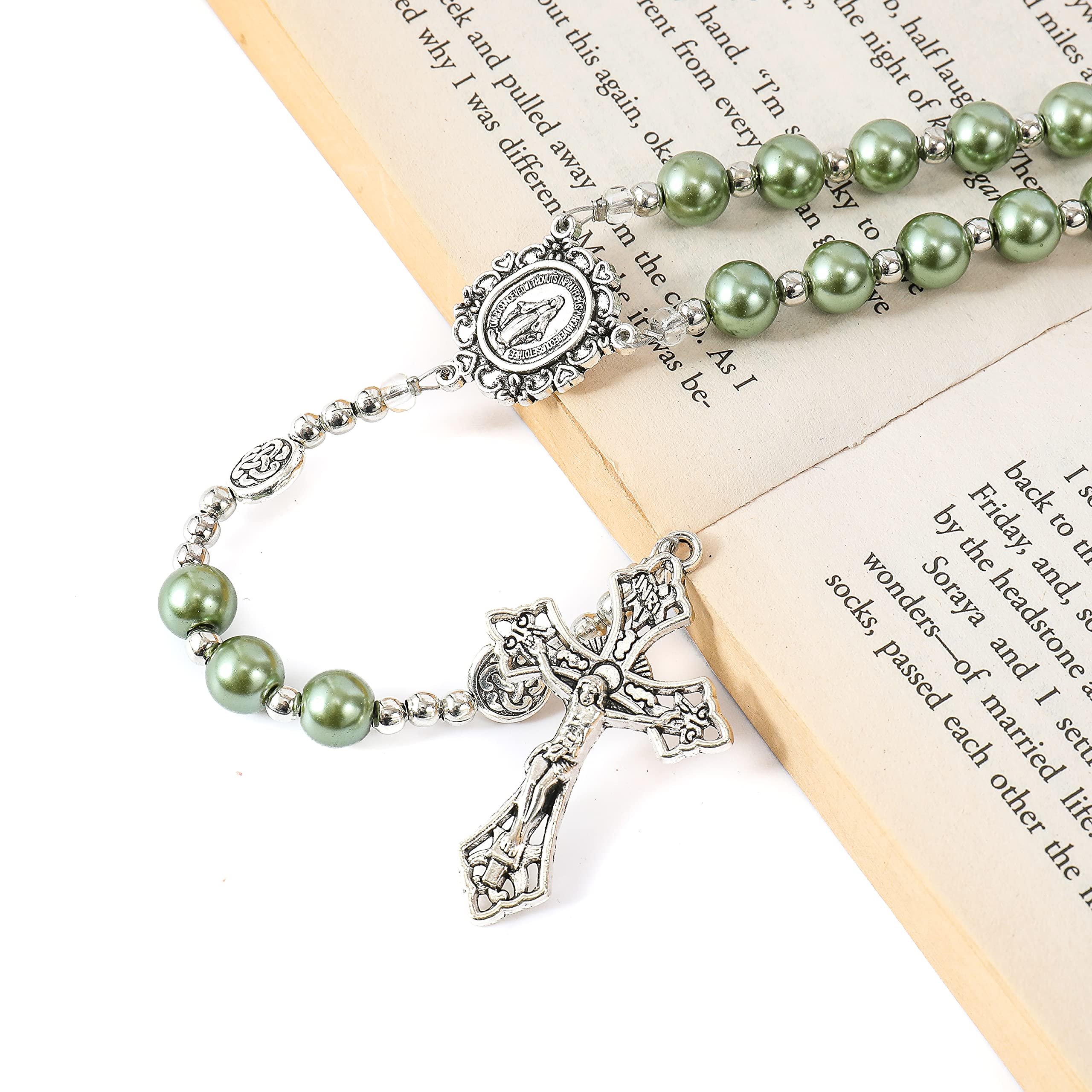 Nazareth Store Green Beads Rosary Necklace Catholic Pearl Beads Rosary with Miraculous Medal and Cross Crucifix