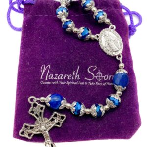 Nazareth Store Deep Blue Crystal Beads Rosary Blue Agate Glory Stone Beaded Necklace Miraculous Medal & Cross Crucifix Religious Rosaries Collection