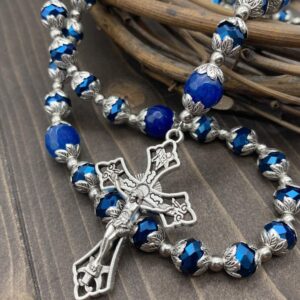 Nazareth Store Deep Blue Crystal Beads Rosary Blue Agate Glory Stone Beaded Necklace Miraculous Medal & Cross Crucifix Religious Rosaries Collection