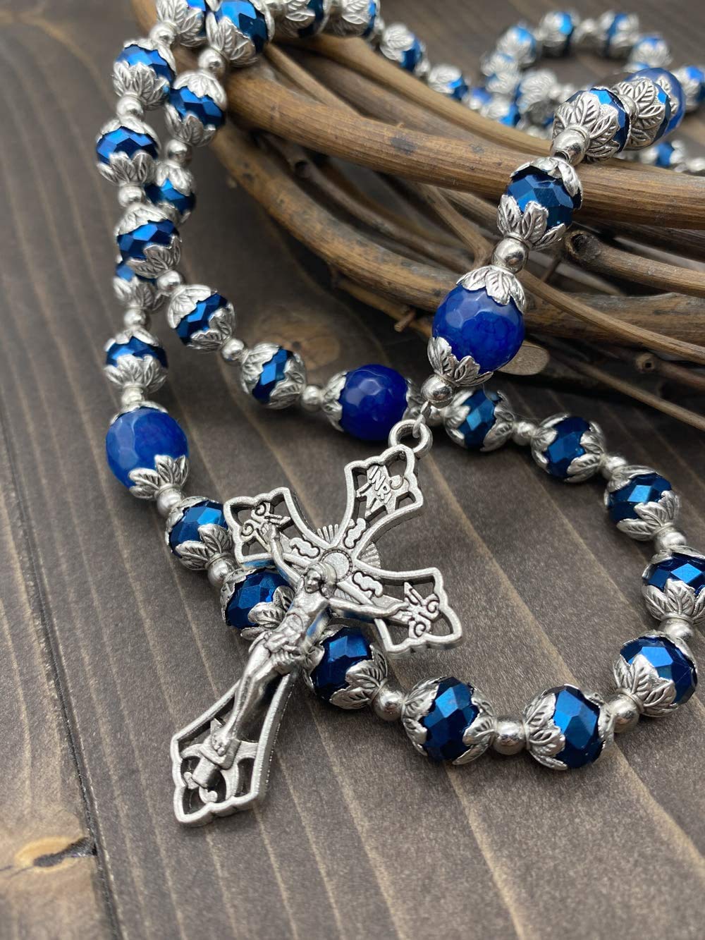 Nazareth Store Deep Blue Crystal Beads Rosary Blue Agate Glory Stone Beaded Necklace Miraculous Medal & Cross Crucifix Religious Rosaries Collection