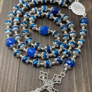 Nazareth Store Deep Blue Crystal Beads Rosary Blue Agate Glory Stone Beaded Necklace Miraculous Medal & Cross Crucifix Religious Rosaries Collection