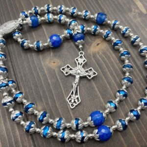 Nazareth Store Deep Blue Crystal Beads Rosary Blue Agate Glory Stone Beaded Necklace Miraculous Medal & Cross Crucifix Religious Rosaries Collection