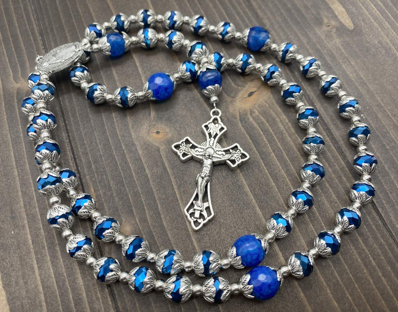 Nazareth Store Deep Blue Crystal Beads Rosary Blue Agate Glory Stone Beaded Necklace Miraculous Medal & Cross Crucifix Religious Rosaries Collection