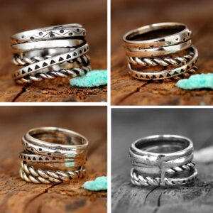 Sterling Silver Ring for Women Statement Wide Band Boho Engraved