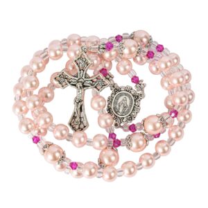 Nazareth Store Pink Pearl Beads Womens Rosary Handcrafted Beaded Necklace with Miraculous Medal and Jesus Cross